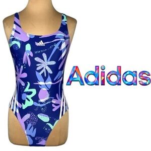 Adidas blue purple Floral sporty retro 90’s 3-Stripes One Piece Swimsuit size 14